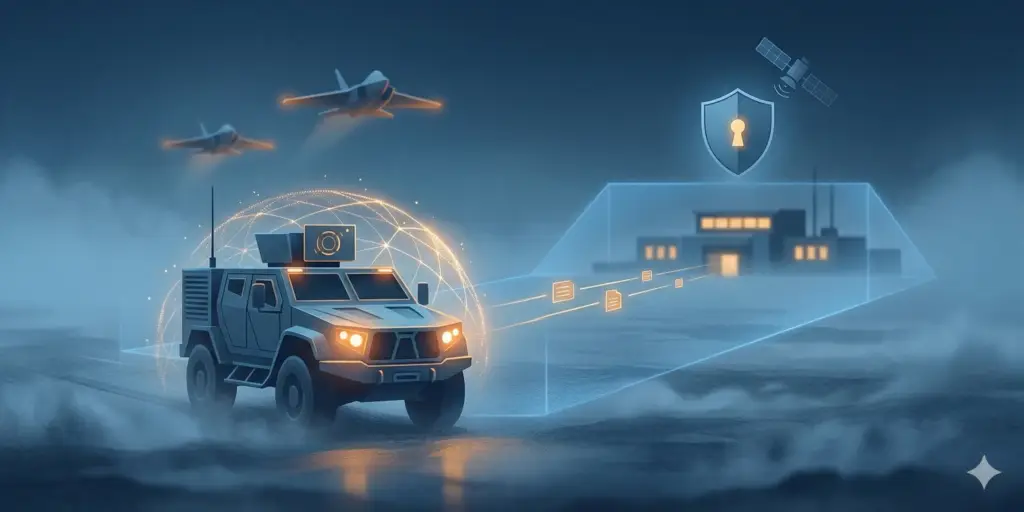 Secure defense operations center showing data integration between military bases and OEM partners, set in a rugged bunker environment at sunset.
