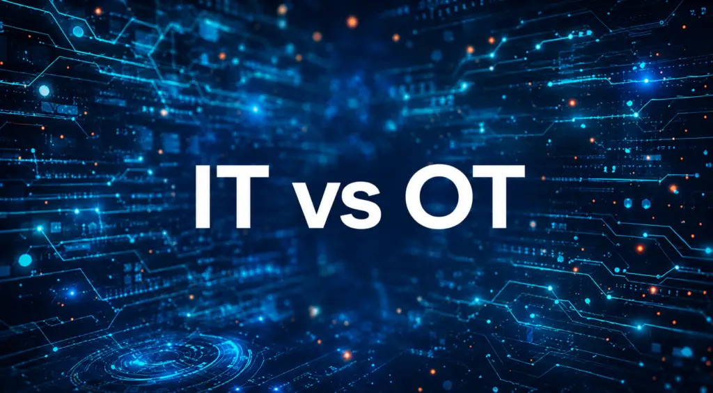 texte présentant "IT vs OT" avec un fond de cybersécurité