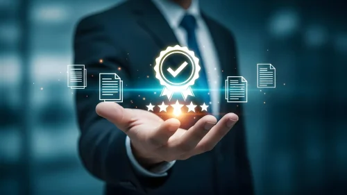 Business professional presenting digital quality assurance and data security concept